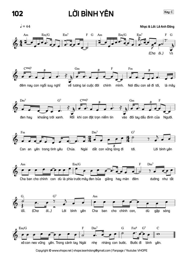 Sheet Lời Bình Yên